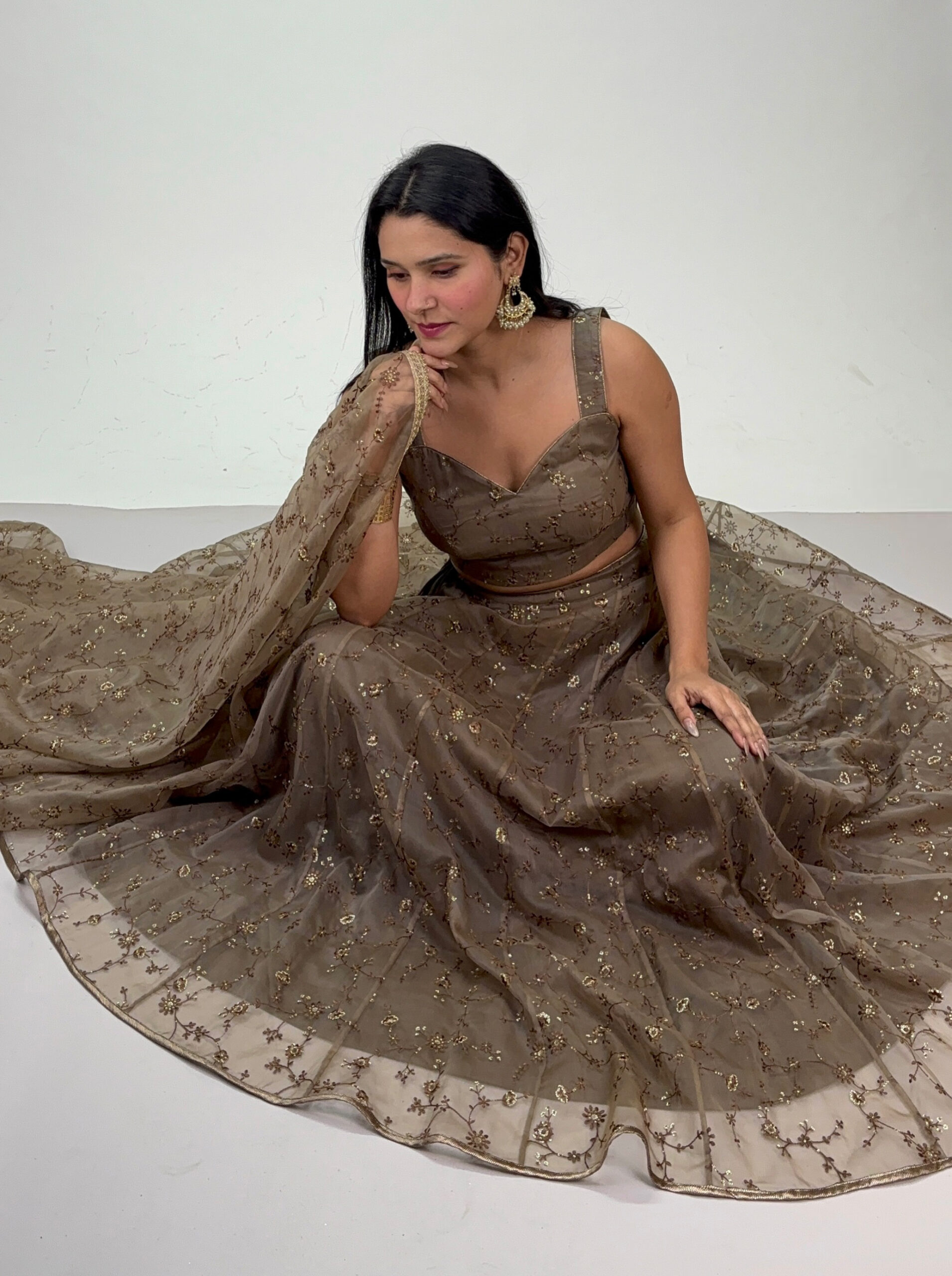 brown embroidered organza lahenga brown embroidered organza lahenga