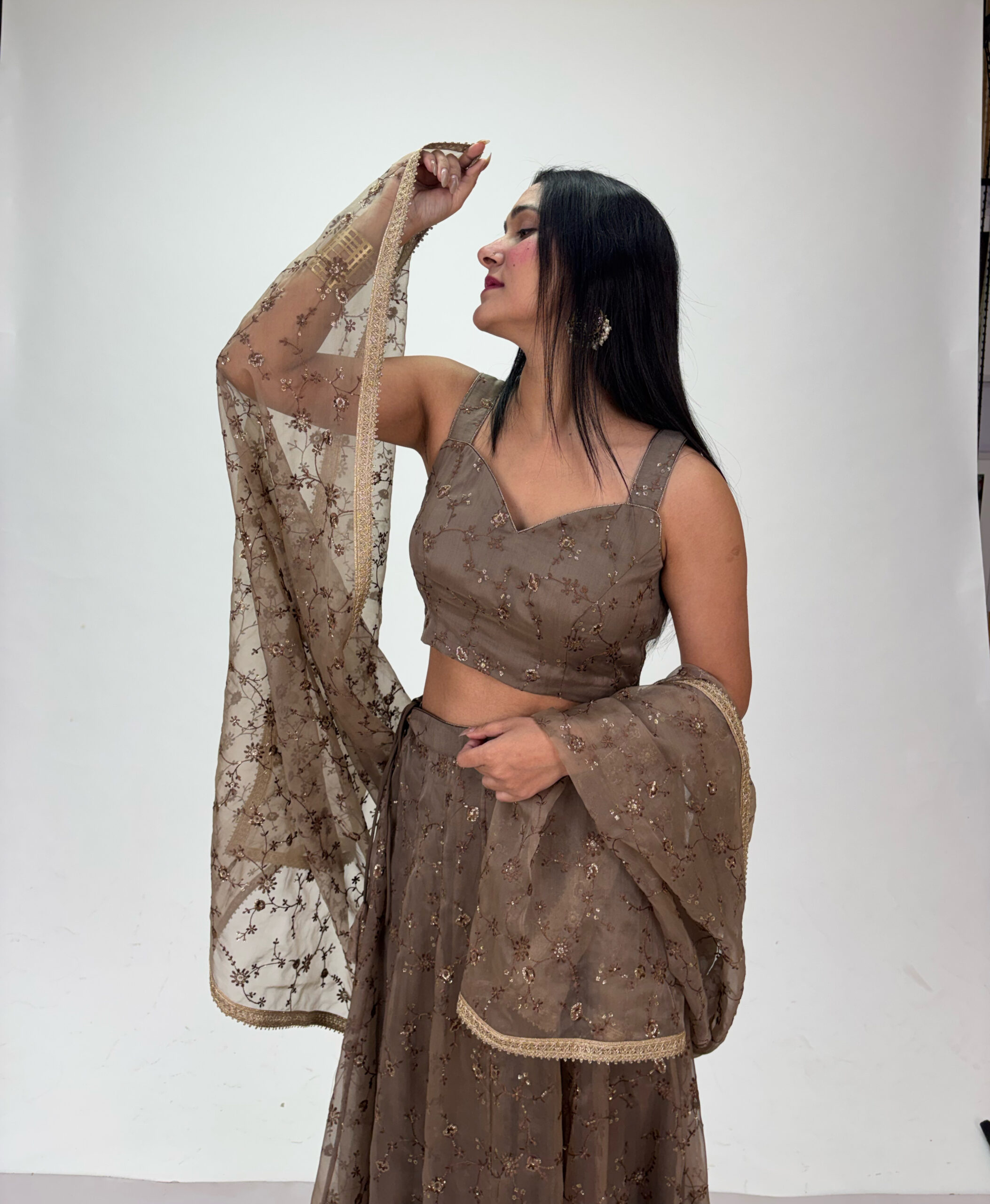 brown embroidered organza lahenga brown embroidered organza lahenga
